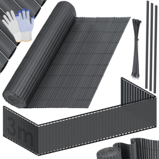 KESSER® PVC Sichtschutzmatte Sichtschutzzaun Balkonverkleidung Windschutz verstärkte Lamellen für Garten Balkon & Terrasse Balkonumrandung inkl Kabelbindern, Abdeckung & Handschuhe Schwarz, 90 x 300 cm