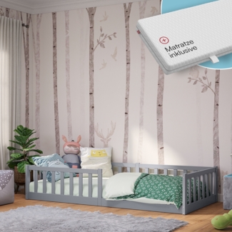 Bellabino 'Vere' Bodenbett 90x200 cm mit Matratze, grau, Massivholz Kiefer, Montessori Kinderbett mit Rausfallschutz und Lattenrost