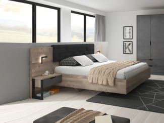 Vente-unique - Bett mit Nachttischen + Lattenrost - 160 x 200 cm - Mit LED-Beleuchtung - Holzfarben & Anthrazit - LAONILE
