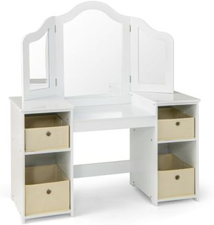 2 in 1 Kinder Schminktisch mit Abnehmbarem Spiegel &Aufbewahrungsboxen Schminkkommode Weiß