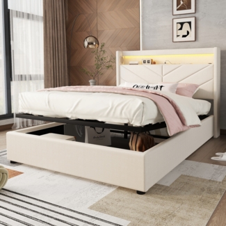 Polsterbett, Ohne Matratze, Ambientebeleuchtung mit Fernbedienung, Bett mit Hydraulik, Mit USB und Stereoanlage, Leinen, Beige, 140 x 190 cm