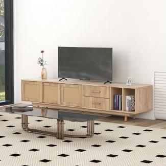 Merax Lowboard mit Rattan Geflochten Türen und 2 Schubladen, TV-Schrank aus Holz, TV-Ständer mit Schiebtüren im Landhausstil, belastbar bis 50kg