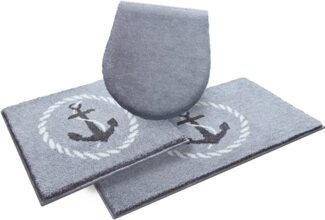 Grund Badematte Port Louis, Höhe 20 mm, rutschhemmend beschichtet, fußbodenheizungsgeeignet, Kunstfaser, rechteckig, 3-tlg. Hänge-WC Set, Design mit Anker, maritim, Made in Europe