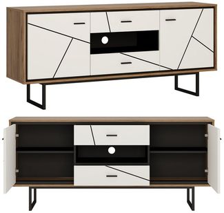 Lomadox Wohnwand BRISTOL-129, (4-St), Catania Eiche Nb. mit schwarz und weiß Hochglanz 339,5/208,5/40 cm