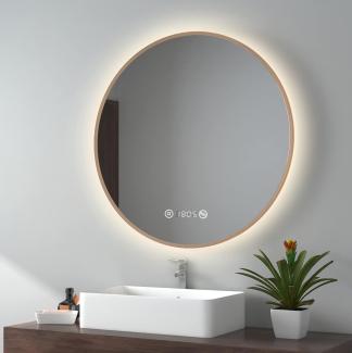 EMKE LED Badspiegel ф80cm Gebürstetem Goldrahmen, Beschlagfrei, Uhr, Temperatur, Dimmbar, Memory-Funktion Neutrales Licht Wandspiegel