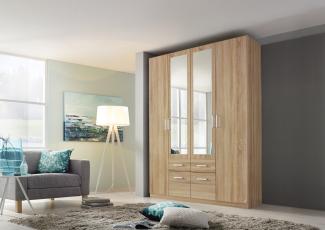 rauch Kleiderschrank, Drehtürenschrank BINGEN, 4-türig, 2 Spiegeltüren teilaufgelegt, 4 Schubkästen, Eiche Sonoma, 181 x 229 x 54 cm