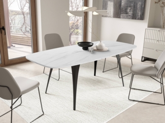 Esstisch Adzaw 160, Ausziehbarer, Beine aus Stahl (Farbe: Schwarz / Bianco Marmor)