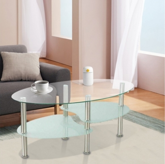 JEOBEST Couchtisch Couchtischen Beistelltisch für Wohnzimmer, Glastisch, Transparent, 2 Ebenen, oval, Modern Design, Rahmen aus Edelstahl