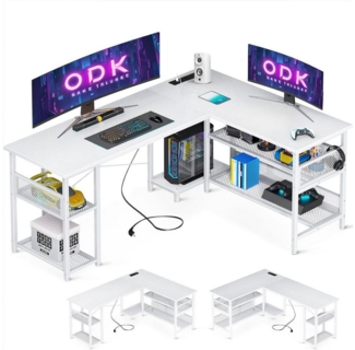 ODK Schreibtisch L-Form, mit Steckdosen, USB & Stauraum, weiß (1-St)