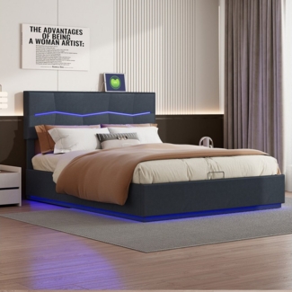 Furnishings Home Polsterbett Stauraumbett Doppelbett + Ladefunktion (Hydraulisch hebbarer Stauraum), Mit LED-Beleuchtung, Ladefunktion, Kunstleder, 160x200 cm