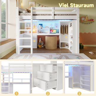 MODFU Kinderbett mit Kleiderschrank & Schreibtisch (Hochbett mit LED-Leuchten, Jugendbett 140X200 cm), ohne Matratze