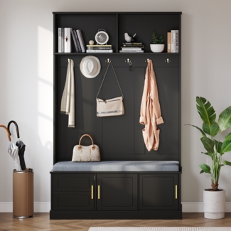 Moderner Garderobenständer Schwarz mit Sitzbank und 6 Haken Garderobenbank für Flur mit Schuhregal und Ablagefläche All-in-One Garderobe 191 cm Höhe Aufbewahrungsmöbel với Kippsicherung, 191cmx40cmx120cm, Schwarz