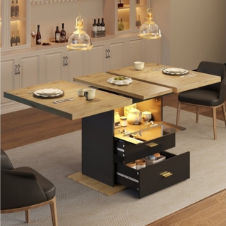 OKWISH Esstisch Ausziehbarer Küchentisch (mit LED-Beleuchtung, Holzmaserung, für bis zu 6 Personen, ideal für Esszimmer & Wohnzimmer, 1-St, 110-140×80 cm)