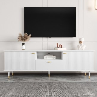 KLAM HOME Lowboard TV-Schrank mit offenen Fächern und Schubladen für optimale Ordnung (Hochwertige lackierte Strukturoberfläche mit Soft-Close-Scharnieren), Modernes und funktionales Möbelstück für Ihr Wohnzimmer
