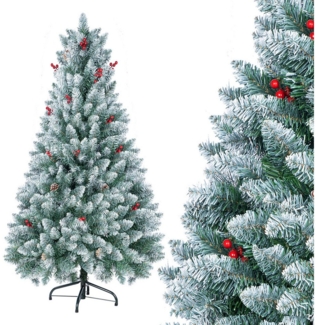 Homewit Künstlicher Weihnachtsbaum 120/ 150/ 180 cm künstliche grüne Tannenbaum mit Metallständer, schneebedeckter Tannenbaum Kiefernzapfe und, rote Beere