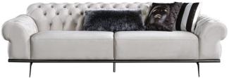 Casa Padrino Luxus Art Deco Chesterfield Wohnzimmer Sofa Cremefarben / Silber 240 x 95 x H. 63 cm - Luxus Wohnzimmer Möbel