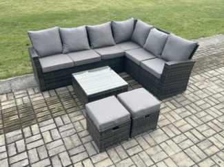 Fimous Polyrattan Gartenmöbel Set Outdoor Lounge Ecksofa Set mit Quadratischer Couchtisch 2 kleine Fußhockern 8-Sitzer Dunkelgrau Gemischt