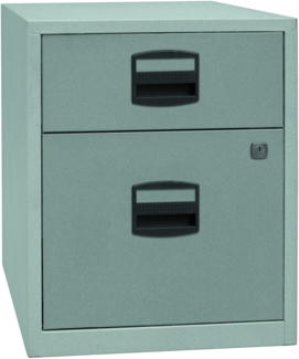 Bisley Home Beistellschrank auf Rollen mit Schloss aus Stahlblech, 1 Universal-Schublade + 1 Hängeregistratur-Schub einbahnig abschließbar - für Hängemappen & Büromaterial - Farbe: silber, PFAM1S1F-355