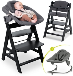 Hauck Hochstuhl Alpha Plus Black Newborn Set Premium (Set), Holz Babystuhl ab Geburt inkl. Aufsatz für Neugeborene & Sitzauflage