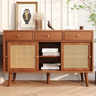 Sideboard 120 x 40 x 78 cm mit 3 Schubladen und Rattangeflecht – elegantes Retro-Design