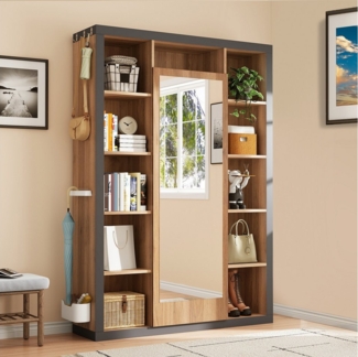 Merax Garderobenschrank mit Spiegel und Bücherregal (Vitrine, 1-St) Schrank mit offene Fächer, Haken & Schirmablage, Holzoptik-Grauschwarz