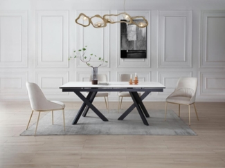 Vente-unique - Esstisch ausziehbar - 8 bis 12 Personen - Sicherheitsglas & Keramik - Marmor-Optik Weiß & Schwarz - MARISO