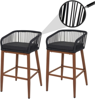 2er-Set Rope-Barhocker HWC-O22, Outdoor Sitzpolster Seilgeflecht Metall Holz-Optik ~ anthrazit, Kissen dunkelgrau