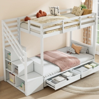 STILVORA Hochbett 90×200 mit matratze,Jugendbett Kinderbett mit Treppenschrank,Sofa (Etagenbett, Doppelbett, Hochbett, enthält Kissen) multifunktionales Holzbett, 90*200cm, mit Matratze