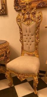 Casa Padrino Chefsessel Barock Thron Stuhl Creme / Gold - Handgefertigter Hochlehn Esszimmer Stuhl mit Samtstoff und Glitzersteinen - Barock Esszimmer Möbel