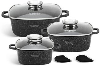 Edenberg Kochtopf Quadratische Töpfe in Schwarz mit langlebiger Steinbeschichtung, Keramik, Aluminiumguss, Edelstahl (Schwarzes Topfset mit Steinbeschichtung – ideal für Suppen, Eintöpfe und mehr, 6-tlg, Zeitloses Design des Topfsets. Eine ideale Gesch...