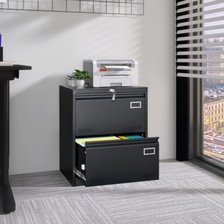 Metall-Aktenregal mit 2 breiten Schubladen, schwarz, abschließbar,ideal für Büro und Home Office