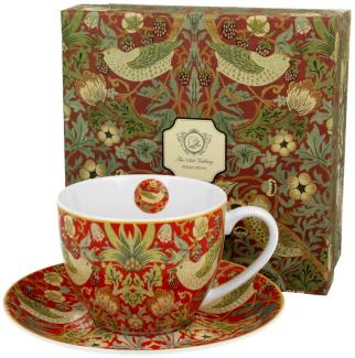 DUO ART GALLERY Tasse 270 ml STRAWBERRY THIEF RED mit Untertasse, New Bone China Porzellan