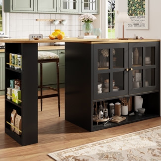 Ausziehbarer Stehtisch 138–204 cm, Schwarz Sideboard mit drehbaren Glas-Schranktüren, Metallgriffen, Buffet, Kommode, Anrichte