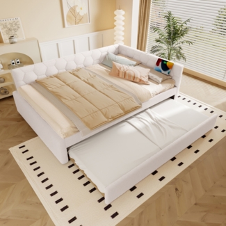 Merax Daybett, Kinderbett, Doppelbett, 140*200cm Tagesbett, Schlafsofa, (ohne Matratze), mit Nachttischlampe, mit multifunktionalem Ausziehbett, USB-Anschluss, Typ-C, Vliesimitat, Weiß