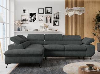 Ecksofa mit Bettfunktion, Modern Sofa, L-form, Einstellbare Kopfstützen, Bettkasten, PETER, 1x Ecksofa, 1x Topper, Dunkelgrau, Stoff, links