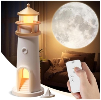 QUBEBU LED Nachtlicht LED Leuchtturm Lampe, Mondprojektion Leuchtturm Lampe Kinder Geschenk, LED fest integriert, für Baby, Kinderzimmer, Camping, Geschenk, Die Steuerung ist per Bluetooth oder Fernbedienung möglich.
