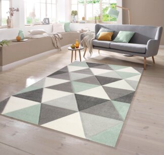TeppichHome24 Teppich Teppich mit Dreieck Muster in Grün Grau Creme, rechteckig