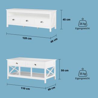 KHG Wohnzimmer Set aus TV-Lowboard und Couchtisch, Fernsehtisch & Wohnzimmertisch Holz Weiß, Schubladen, Abstellflächen, silberne Muschelgriffe, dekorative X-Streben, 4 Füße, maritimer Landhausstil