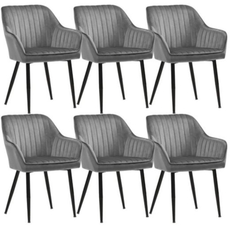Songmics Esszimmerstuhl mit Armlehnen, 6er Set, Samt, 62,5 x 60 x 85 cm, Hellgrau