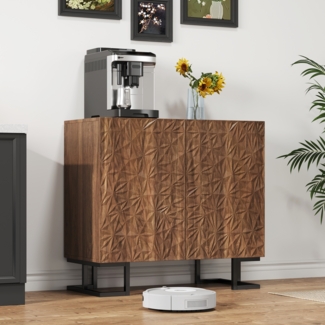 Merax Sideboard Kommode 80×40×78 cm – Dunkle Walnussoptik mit Blattrelief–Push-to-Open Türen