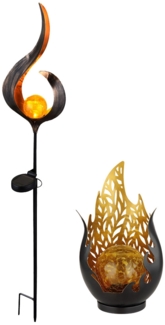 2er Set LED Solarleuchte, Metall Glas, schwarz, gold,