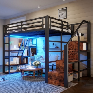 MODFU Kinderbett mit Ablagefach (Jugendbett mit LED-Beleuchtung und offenem Unterbett-Stauraum, Hochbett 140x200 cm), ohne Matratze