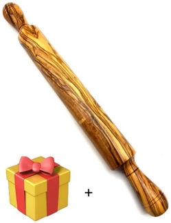 Olivenholz-erleben Teigroller Nudelholz aus massivem Olivenholz Massivholz, (Set, 1-tlg, 1x Teigroller aus massivem Olivenholz, plus Überraschung), ergonomische Griffe, angenehmer Halt für müheloses Ausrollen
