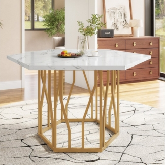 Flieks Esstisch sechseckiger Küchentisch (115,5 x 100 x 75 cm, 1-St, 1 Tisch), Schreibtisch mit weiße Marmoroptik und schwarzes Metallzweiggestell