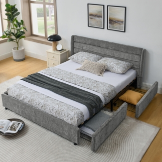 Doppelbett 160x200 cm Dunkelgrau mit 4 Schubladen, Chenille Bezug, stabiles Bettgestell aus Holz und Metall, Stauraumbett
