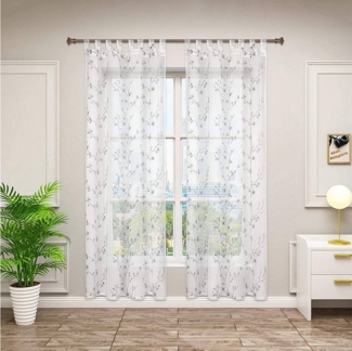 Woltu Gardine, (2 St), halbtransparent, Blumen Stickerei mit Schlaufen Leinen Optik