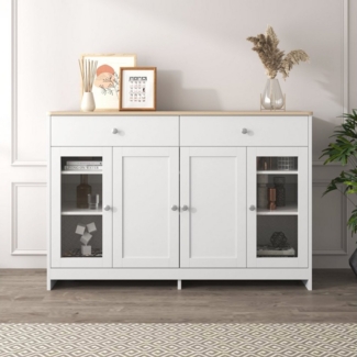 Ulife Sideboard Weiß Küchenschrank mit 4 Türenmit Glas,2 Schubladen, 120 x 37 x 80 cm