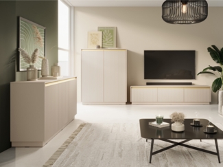 Wohnzimmer-Set Rumbed I (Farbe: Sandbeige / Sandbeige + Gold Anoda)