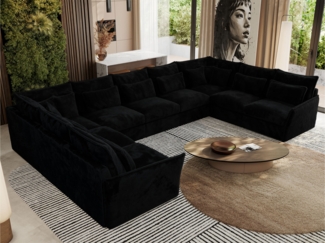 XXL U-förmige Ecksofa, modulares Ecksofa mit losen Kissen, Wohnlandschaft, universelles Ecksofa für das Wohnzimmer - VERSO U 9M - Schwarz Plüschstoff