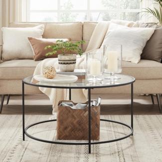 Vasagle Couchtisch, Beistelltisch rund, Glastisch mit Metallgestell, Hartglas, Nachttisch, Sofatisch, für Balkon, schwarz, Ø 84x45,5 cm